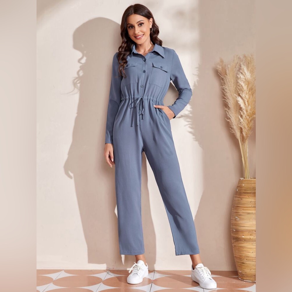 EMERY ROSE  Button Front Drawstring Waist Jumpsuit
